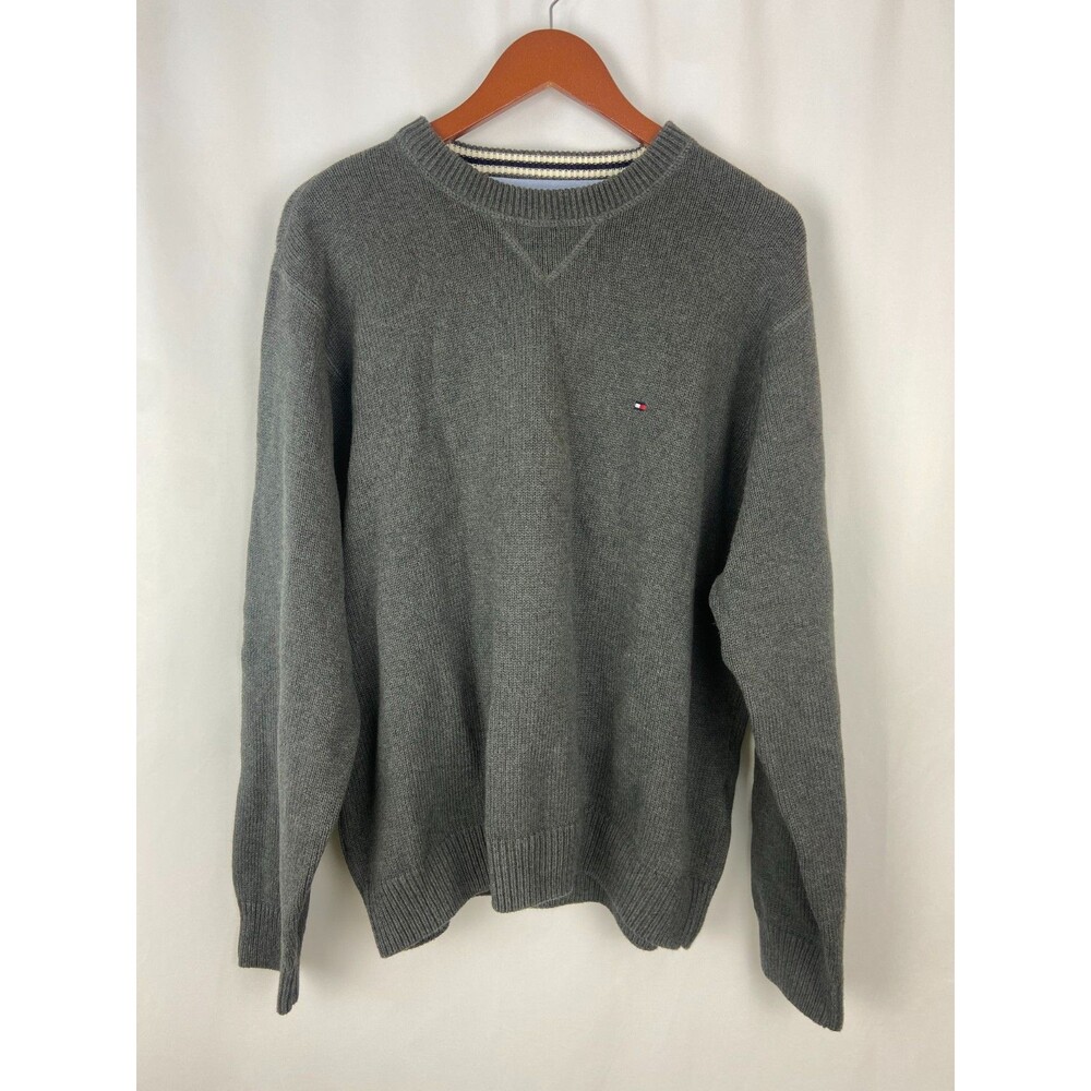 Tommy Hilfiger Men's L Gray 100% Cotton Flag 90s Crewneck Sweater Grandpa Preppy